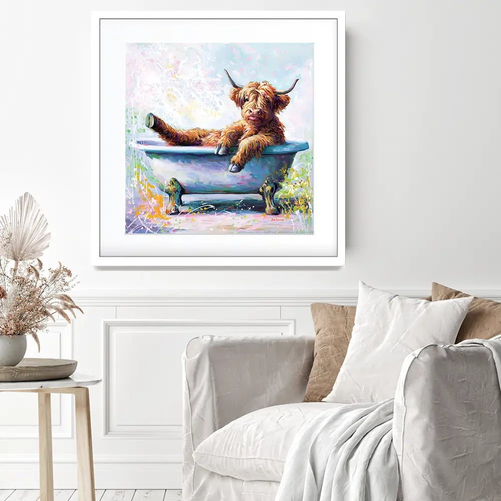 Splish Splash Baby Cow Framed Art Print Splish Splash Baby Cow Framed Art Print wall art product Leon Devenice