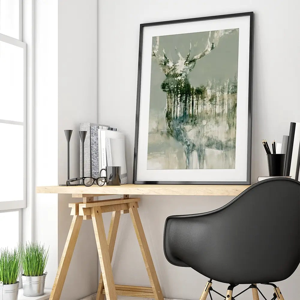 Stag And Pine Woods Framed Art Print Stag And Pine Woods Framed Art Print wall art product Chromatic Storm Studio