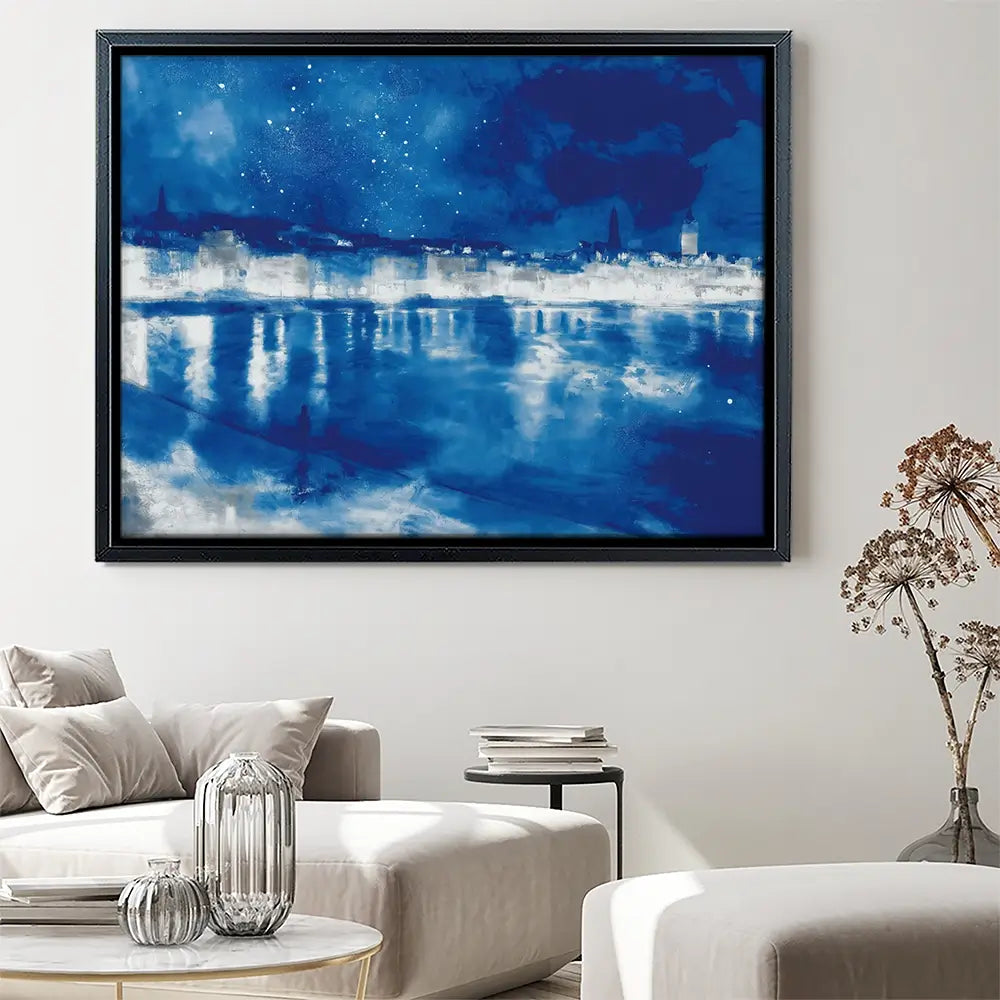 Starry Night City Waterfront Canvas Print Starry Night City Waterfront Canvas Print wall art product Chromatic Storm Studio