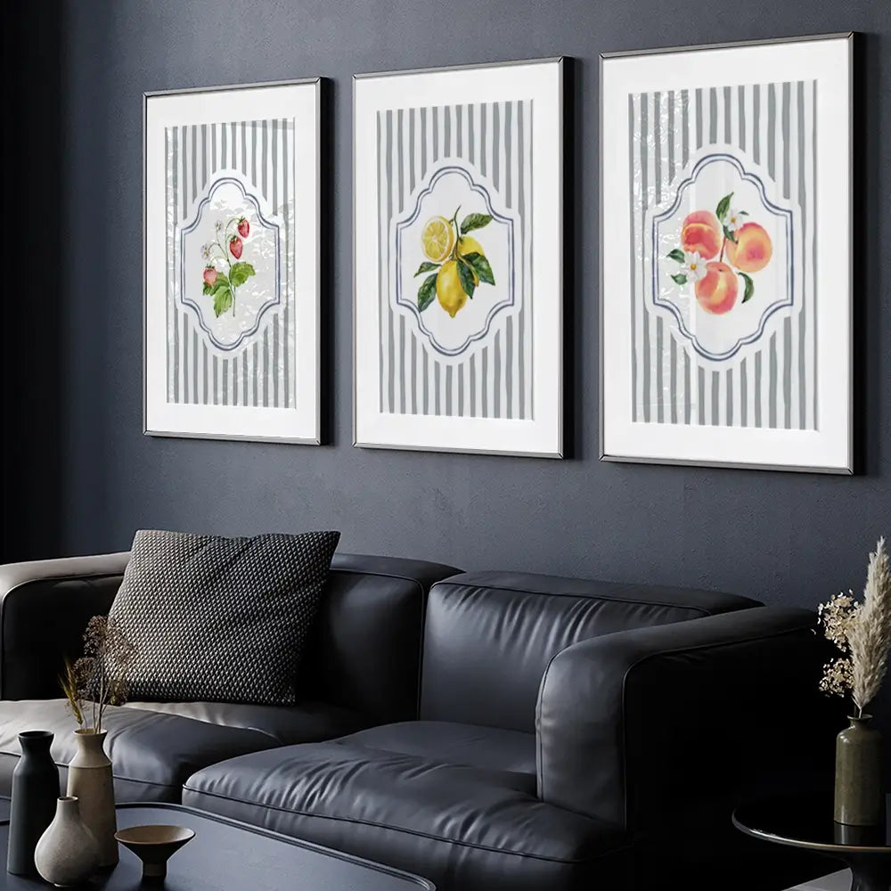 Striped Fruits Framed Art Print Trio Striped Fruits Framed Art Print Trio wall art product IAmHomeStudio