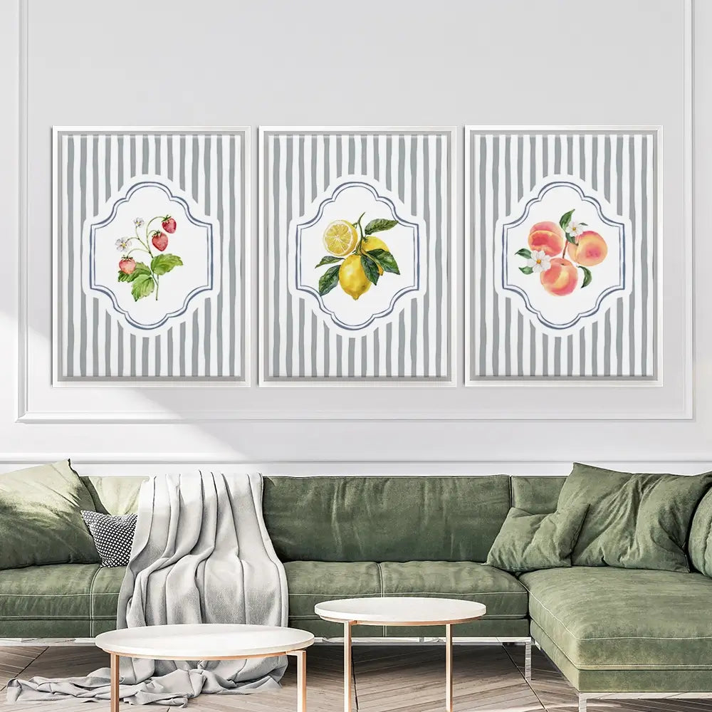 Striped Fruits Trio Canvas Print Striped Fruits Trio Canvas Print wall art product IAmHomeStudio