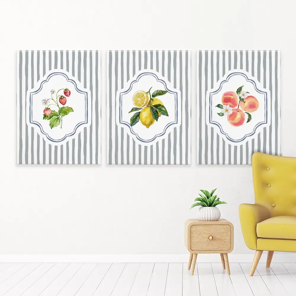 Striped Fruits Trio Canvas Print Striped Fruits Trio Canvas Print wall art product IAmHomeStudio