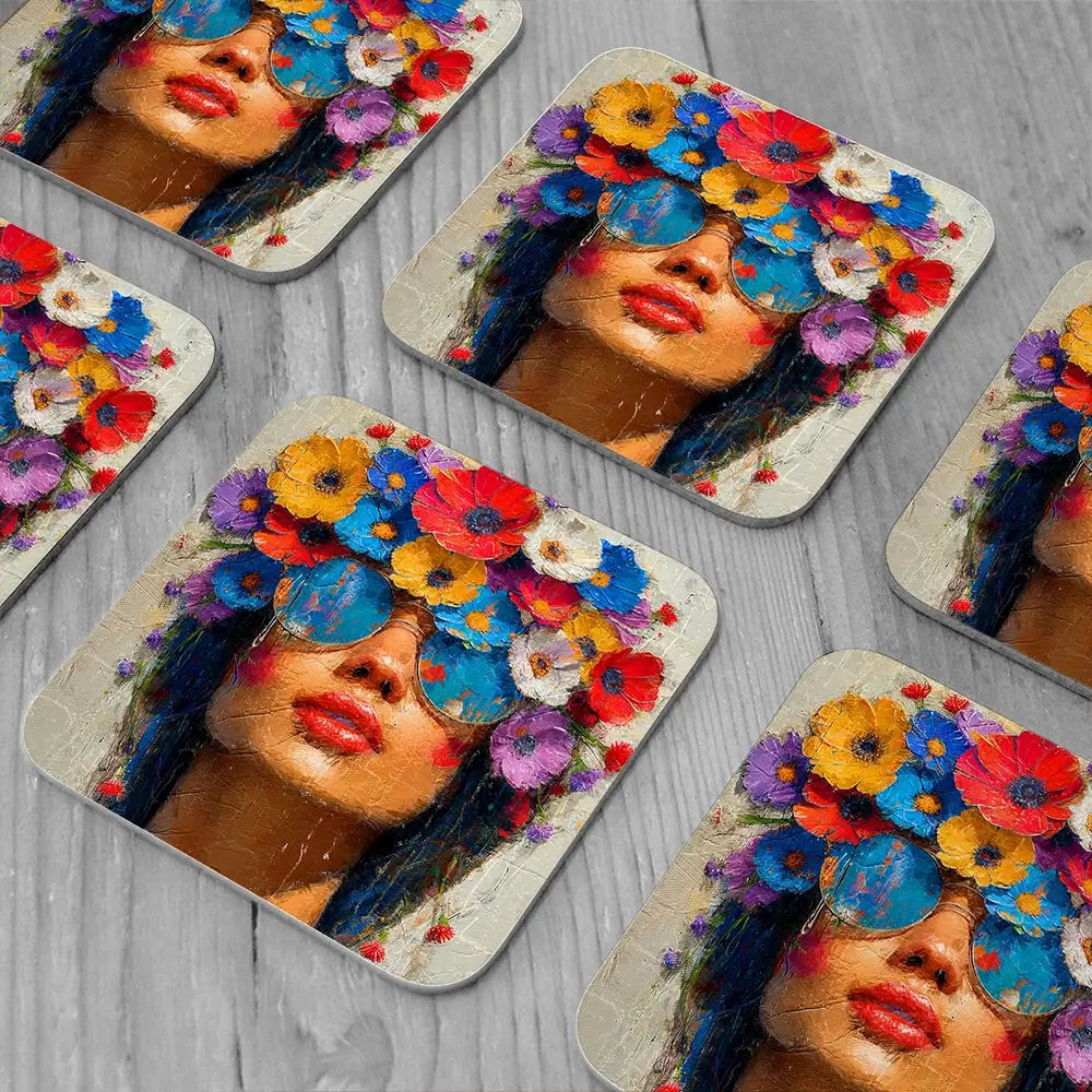 Sunglasses And Flowers Coaster Set Sunglasses And Flowers Coaster Set wall art product Art Print Shop