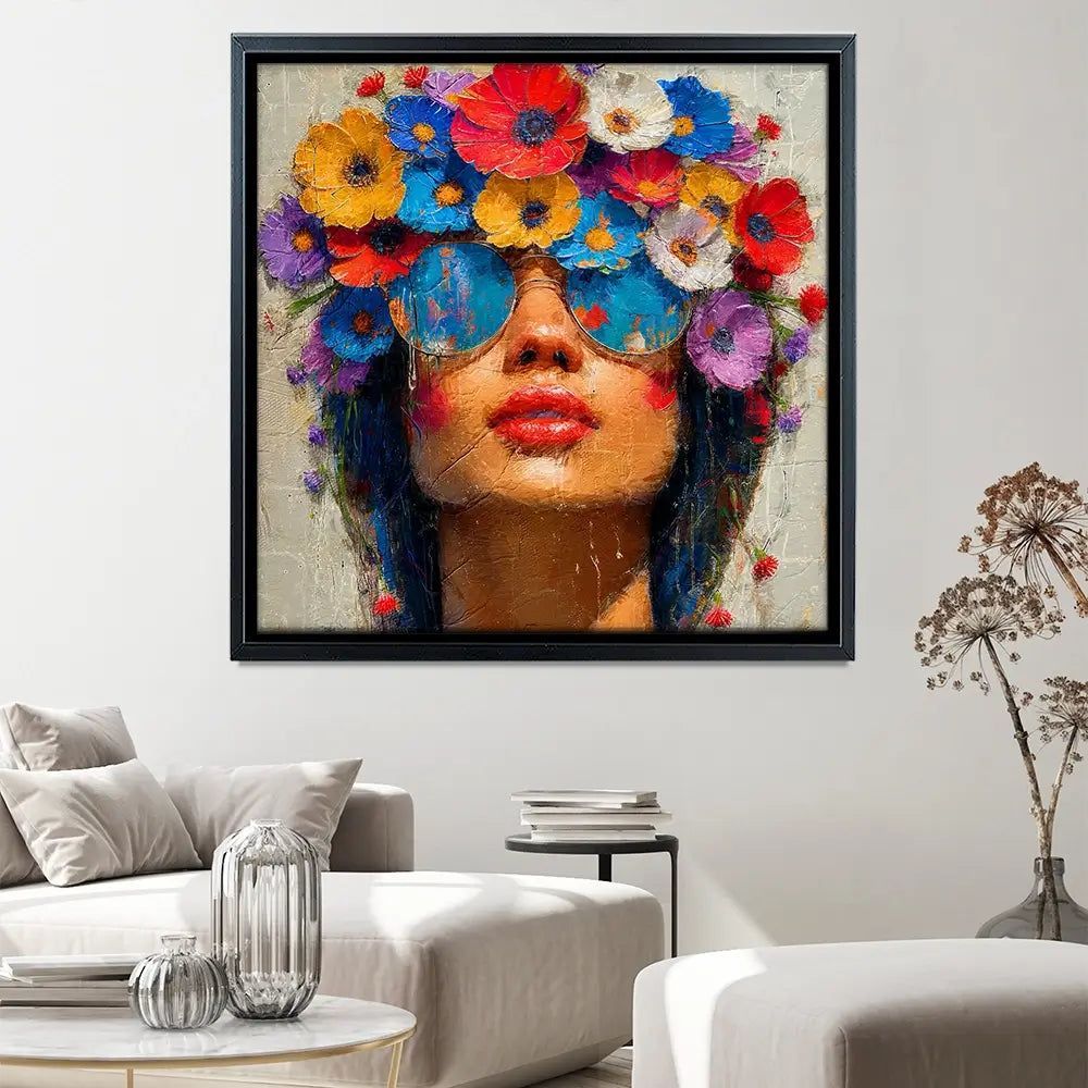 Sunglasses And Flowers Square Canvas Print Sunglasses And Flowers Square Canvas Print wall art product Art Print Shop