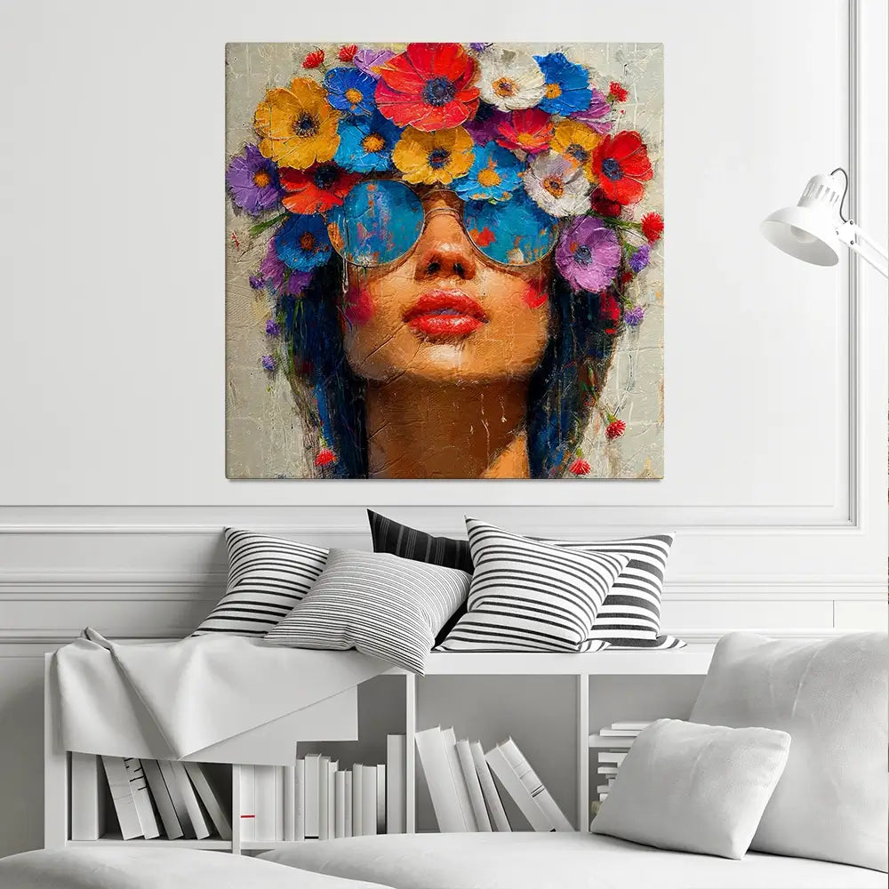 Sunglasses And Flowers Square Canvas Print Sunglasses And Flowers Square Canvas Print wall art product Art Print Shop