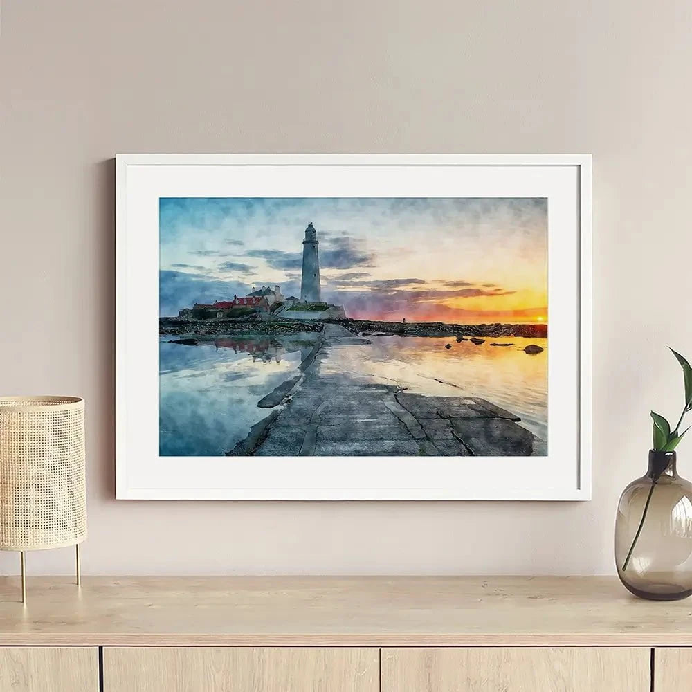 Sunrise Over A Lighthouse Framed Art Print Sunrise Over A Lighthouse Framed Art Print wall art product Helen Hotson / Shutterstock