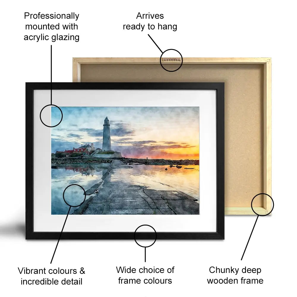 Sunrise Over A Lighthouse Framed Art Print Sunrise Over A Lighthouse Framed Art Print wall art product Helen Hotson / Shutterstock