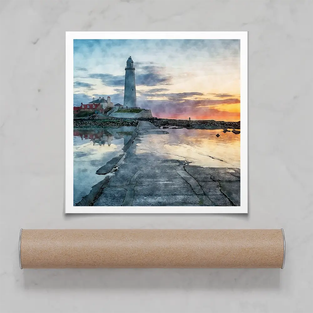 Sunrise Over A Lighthouse Square Art Print Sunrise Over A Lighthouse Square Art Print wall art product Helen Hotson / Shutterstock