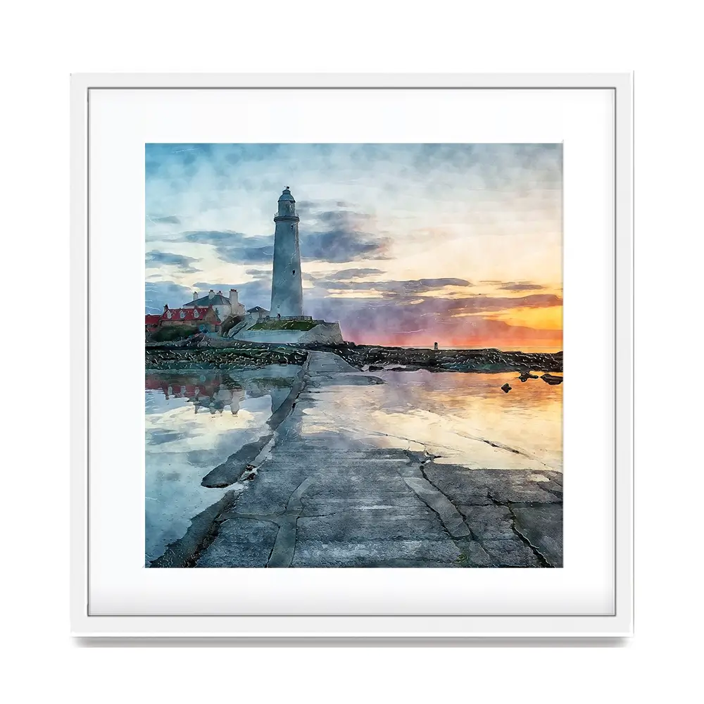 Sunrise Over A Lighthouse Square Framed Art Print Sunrise Over A Lighthouse Square Framed Art Print wall art product Helen Hotson / Shutterstock