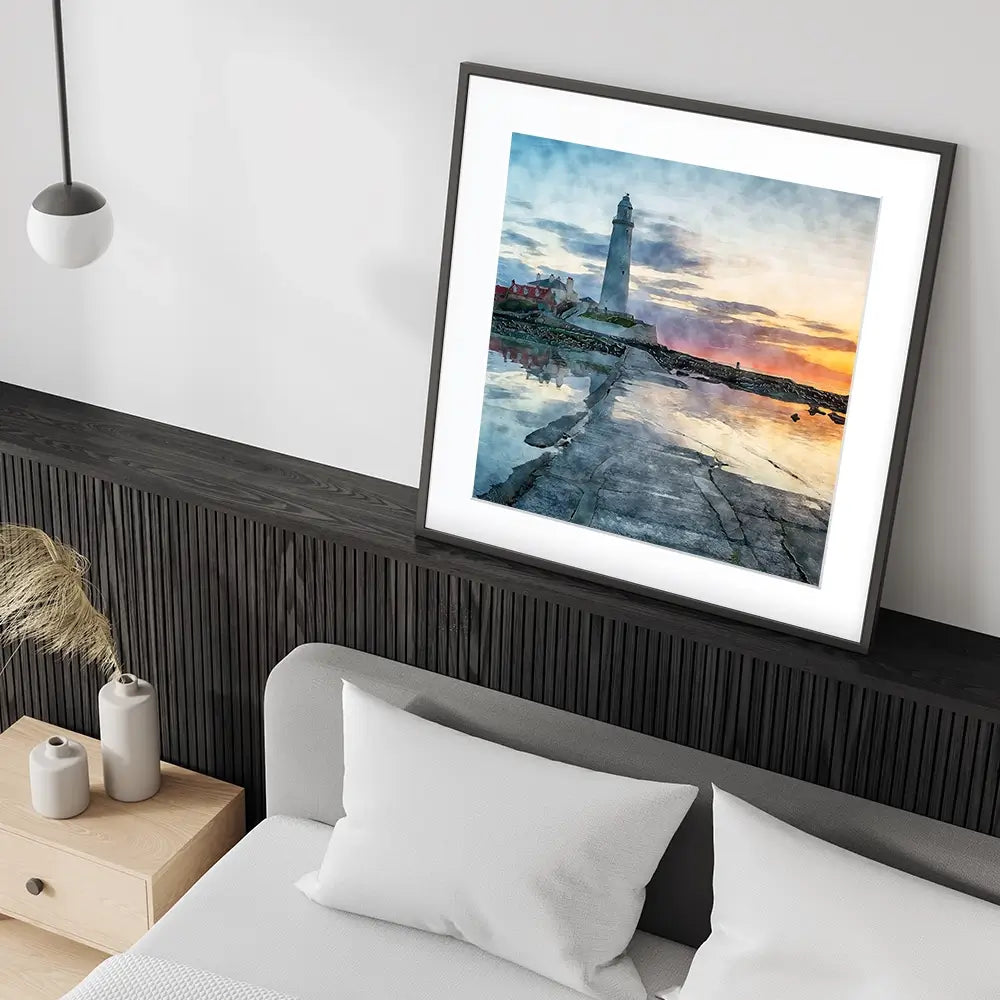 Sunrise Over A Lighthouse Square Framed Art Print Sunrise Over A Lighthouse Square Framed Art Print wall art product Helen Hotson / Shutterstock