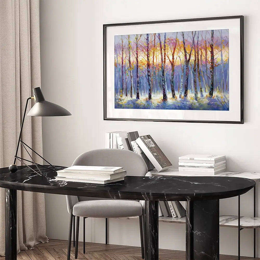 Sunrise Over The Birch Tree Forest Framed Art Print Sunrise Over The Birch Tree Forest Framed Art Print wall art product Leon Devenice
