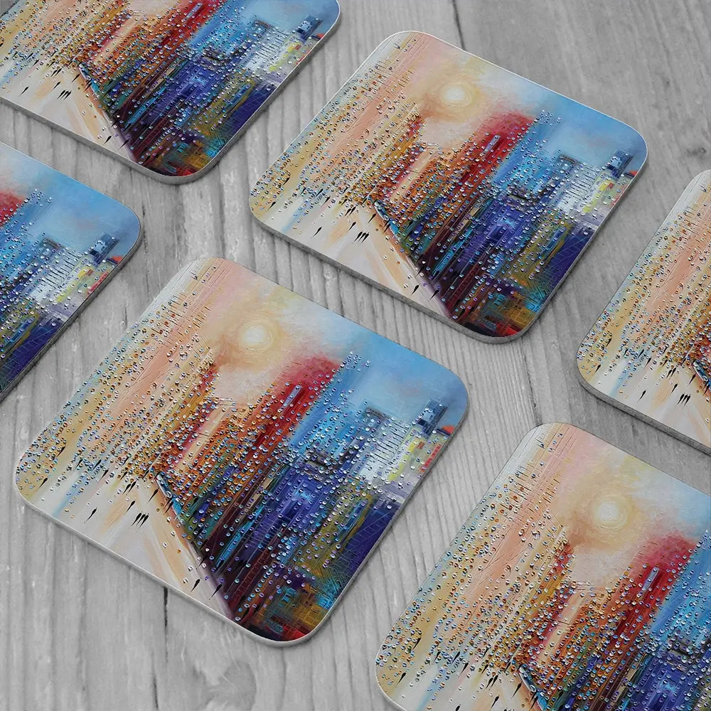 Sunset City Coaster Set Rainbow Soul Tree Coaster Set | Rainbow Soul Tree Art Coasters wall art product Ekaterina Ermilkina