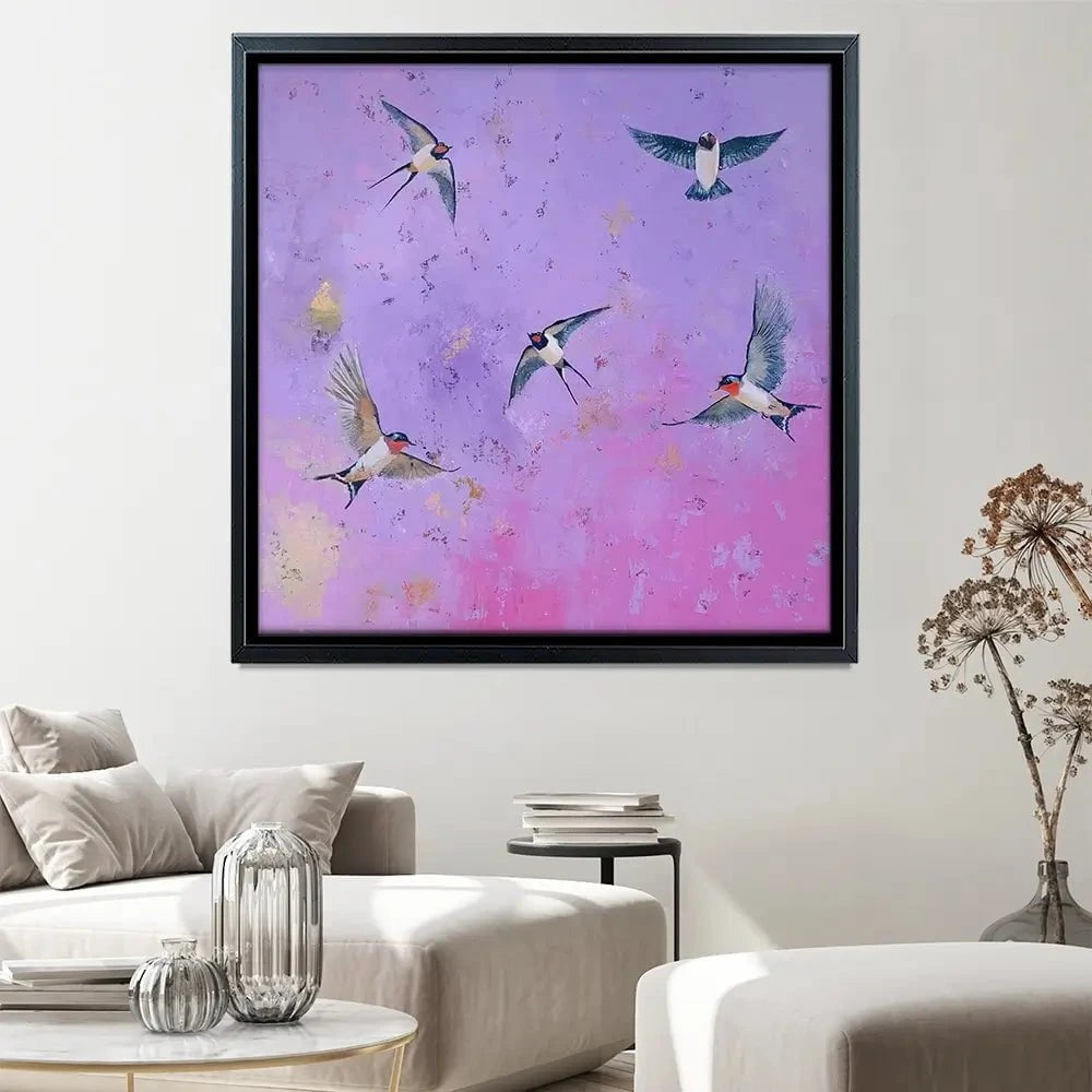 Swallows At Sunset Square Canvas Print Swallows At Sunset Square Canvas Print wall art product Laure Bury