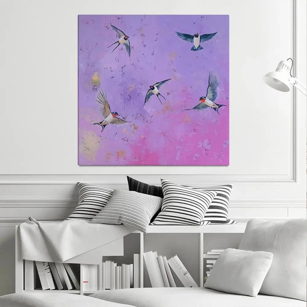 Swallows At Sunset Square Canvas Print Swallows At Sunset Square Canvas Print wall art product Laure Bury