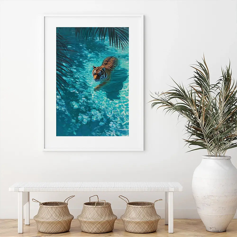 Swimming Tiger Framed Art Print Swimming Tiger Framed Art Print wall art product Petals Prints Design - Independent