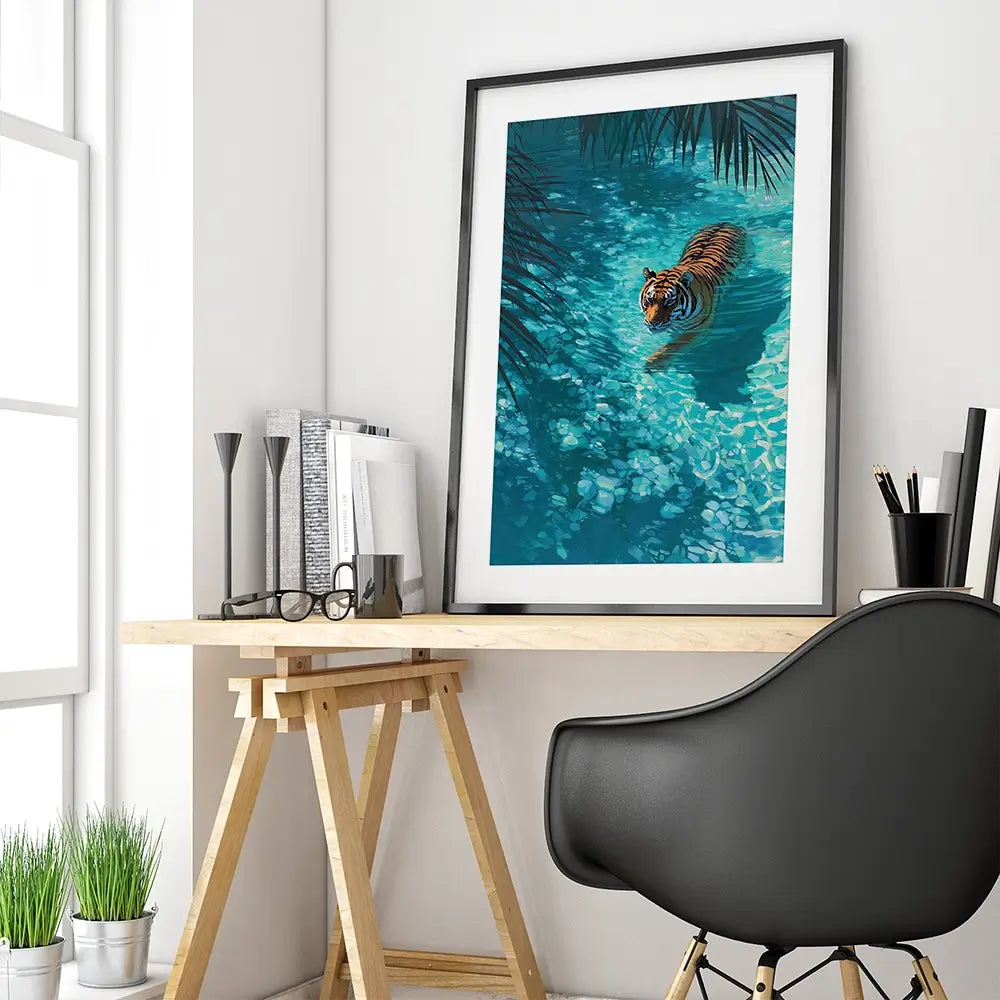 Swimming Tiger Framed Art Print Swimming Tiger Framed Art Print wall art product Petals Prints Design - Independent