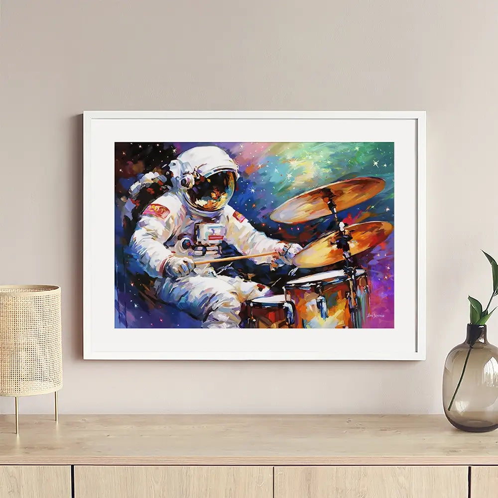 The Cosmic Drummer Framed Art Print The Cosmic Drummer Framed Art Print wall art product Leon Devenice