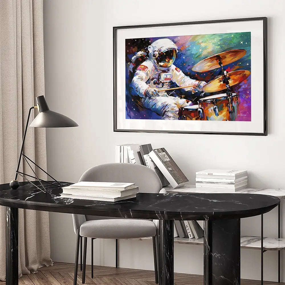 The Cosmic Drummer Framed Art Print The Cosmic Drummer Framed Art Print wall art product Leon Devenice
