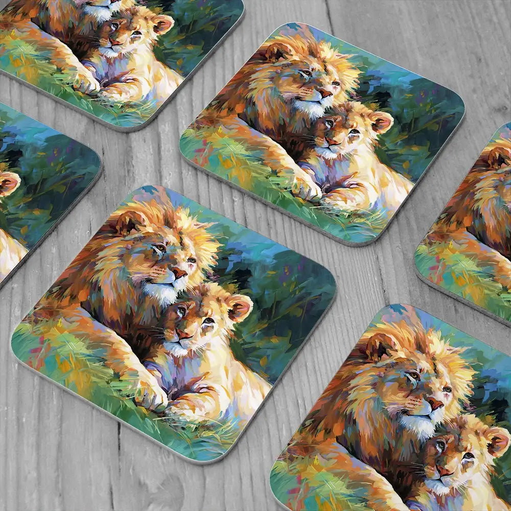 The Lions Embrace Coaster Set The Lions Embrace Coaster Set wall art product Art Print Shop
