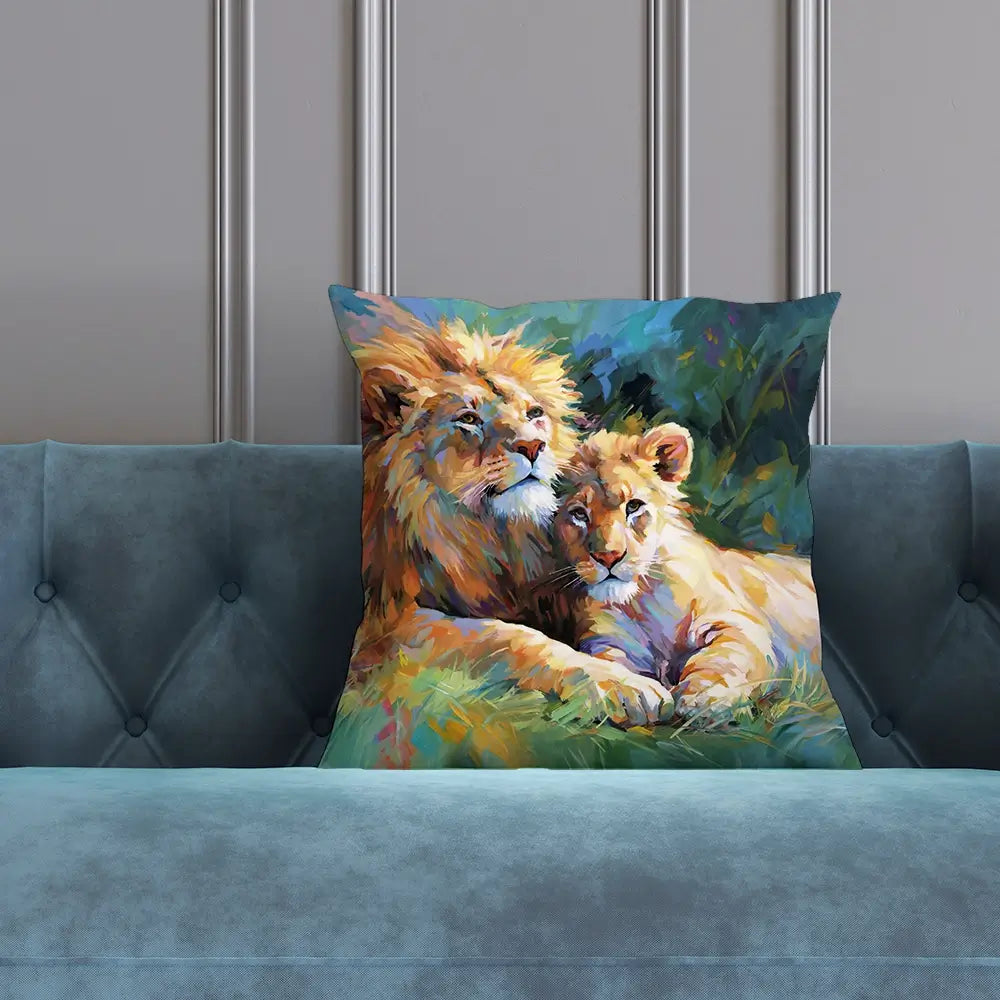 The Lions Embrace Cushion The Lions Embrace Cushion wall art product Art Print Shop