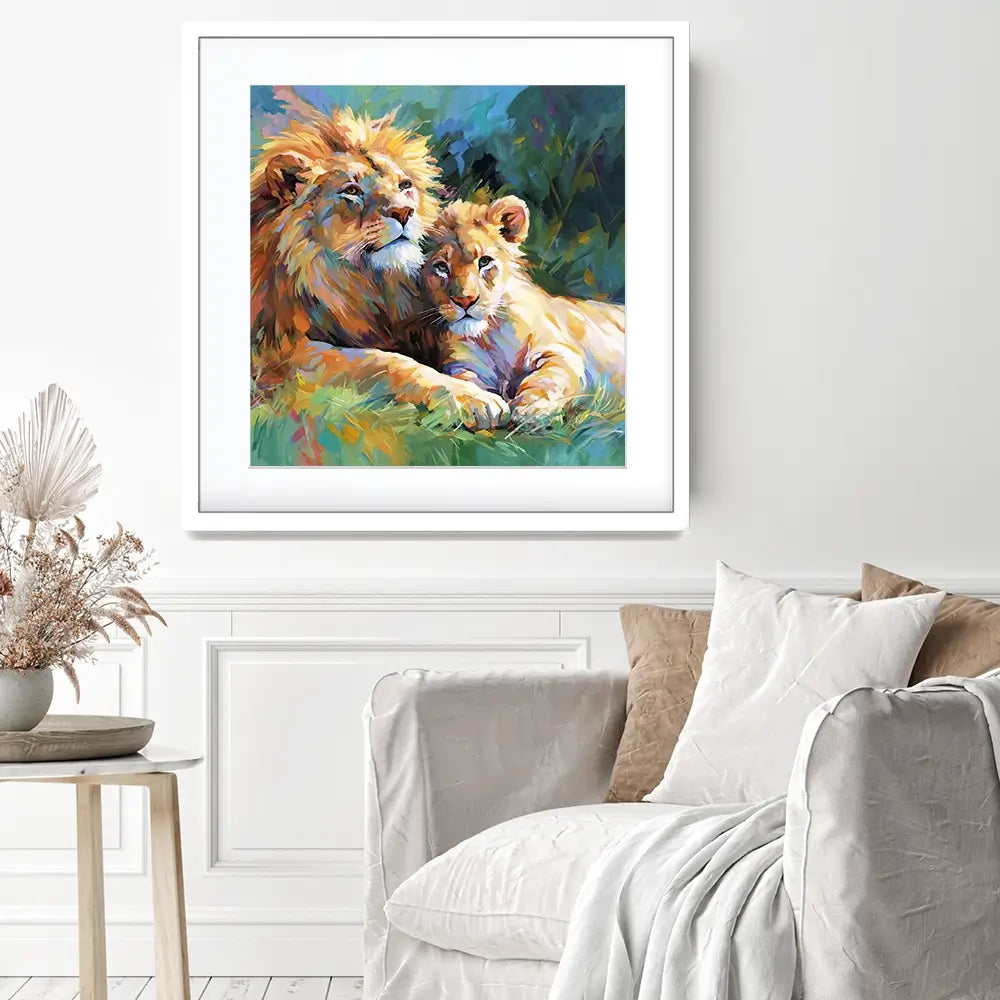 The Lions Embrace Square Framed Art Print The Lions Embrace Square Framed Art Print wall art product Art Print Shop