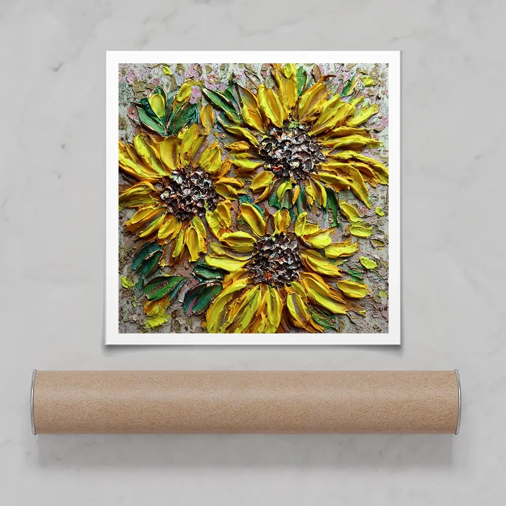 Three Happy Sunflowers Square Art Print Three Happy Sunflowers Square Art Print wall art product Nada Khatib