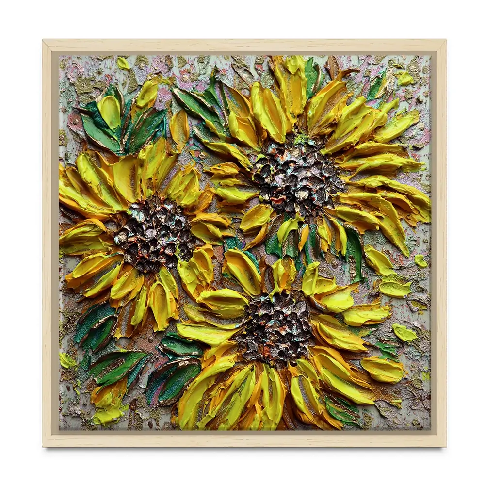 Three Happy Sunflowers Square Canvas Print Three Happy Sunflowers Square Canvas Print wall art product Nada Khatib