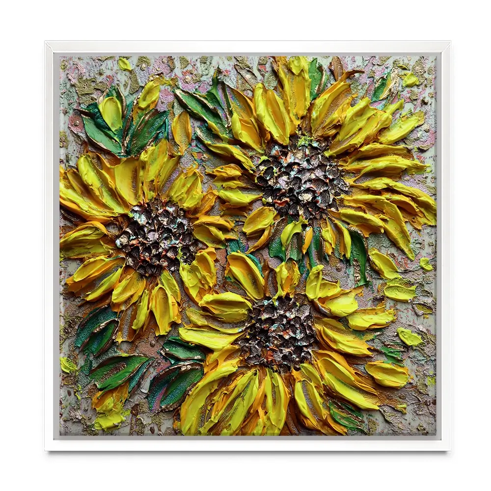 Three Happy Sunflowers Square Canvas Print Three Happy Sunflowers Square Canvas Print wall art product Nada Khatib