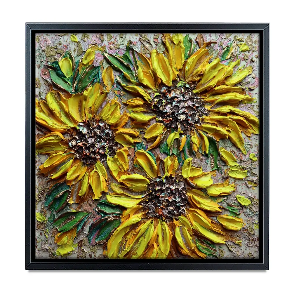 Three Happy Sunflowers Square Canvas Print Three Happy Sunflowers Square Canvas Print wall art product Nada Khatib