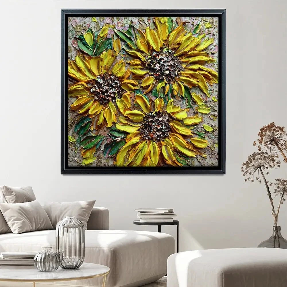 Three Happy Sunflowers Square Canvas Print Three Happy Sunflowers Square Canvas Print wall art product Nada Khatib