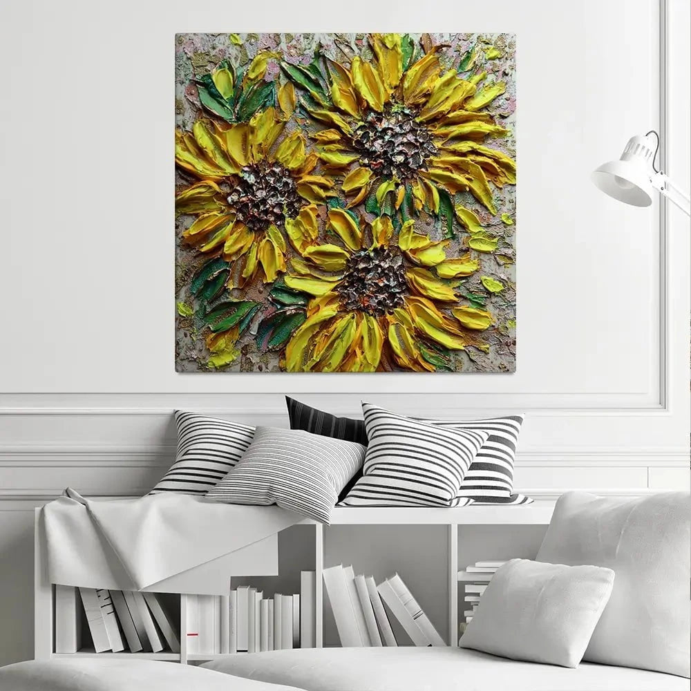 Three Happy Sunflowers Square Canvas Print Three Happy Sunflowers Square Canvas Print wall art product Nada Khatib