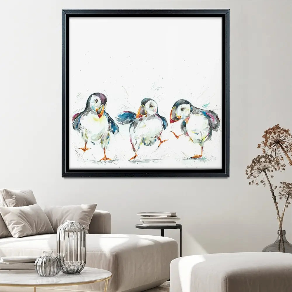 Three Puffins Square Canvas Print Three Puffins Square Canvas Print wall art product Nicola Jane Rowles