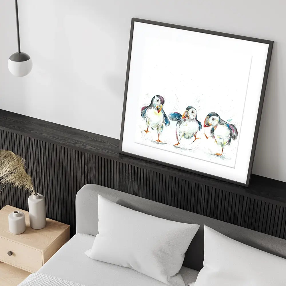 Three Puffins Square Framed Art Print Three Puffins Square Framed Art Print wall art product Nicola Jane Rowles