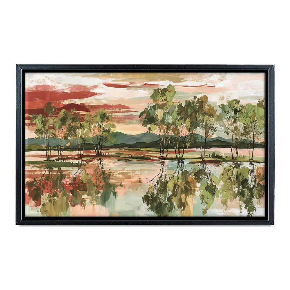 Trees Mirrored In Tranquil Waters Canvas Print Trees Mirrored In Tranquil Waters Canvas Print wall art product Chromatic Storm Studio