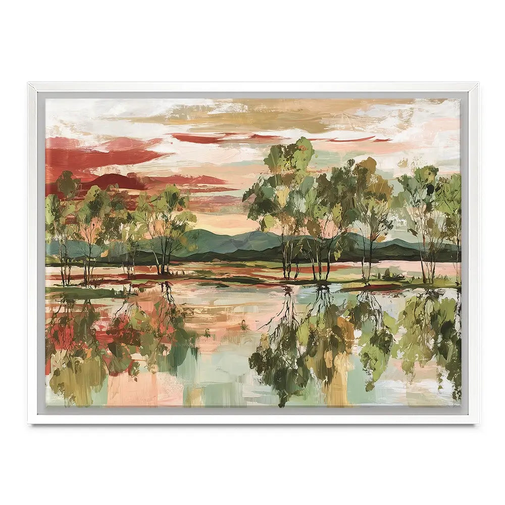 Trees Mirrored In Tranquil Waters Canvas Print Trees Mirrored In Tranquil Waters Canvas Print wall art product Chromatic Storm Studio