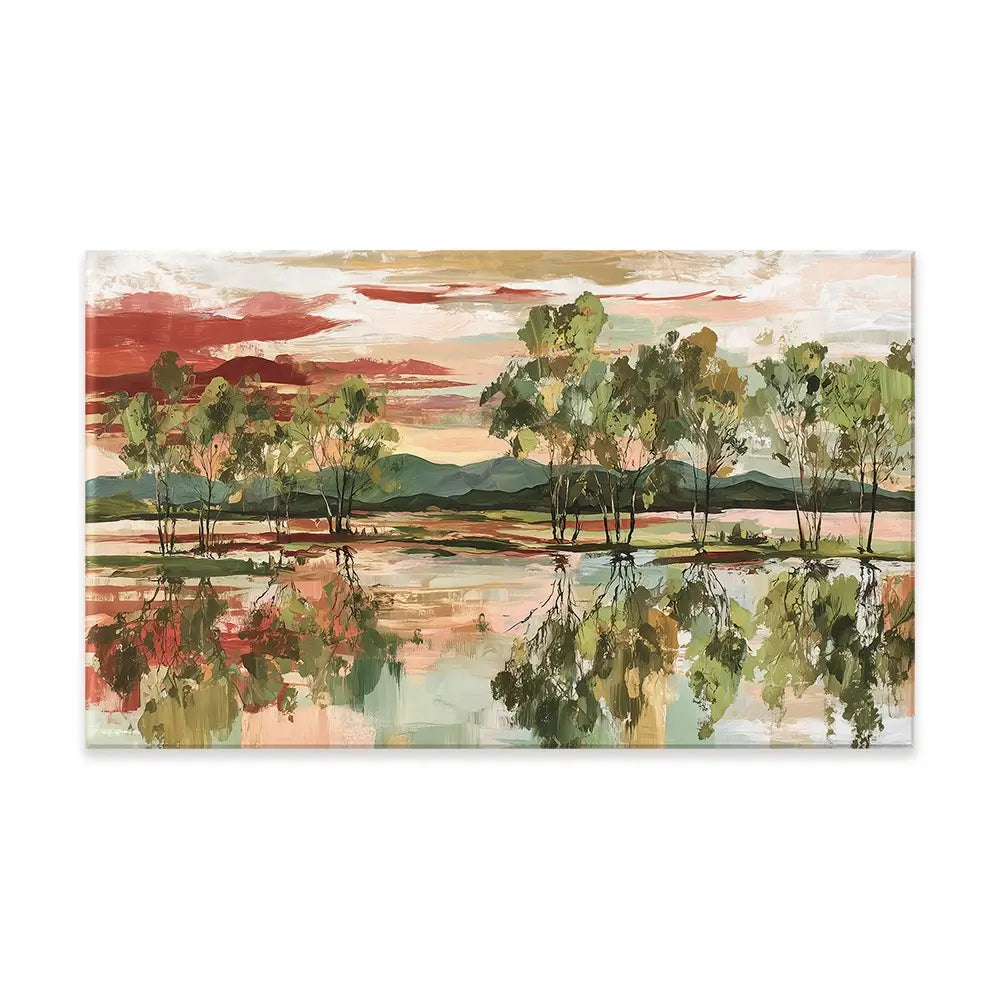Trees Mirrored In Tranquil Waters Canvas Print Trees Mirrored In Tranquil Waters Canvas Print wall art product Chromatic Storm Studio