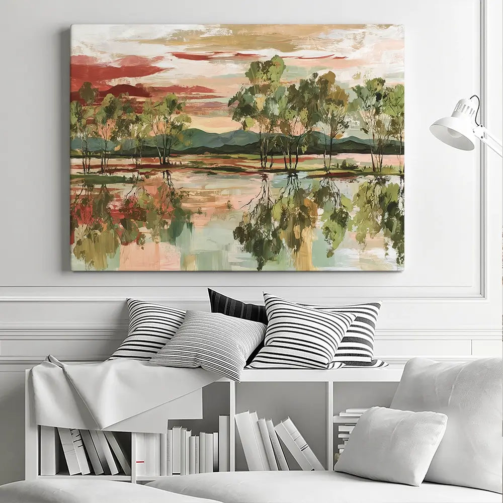 Trees Mirrored In Tranquil Waters Canvas Print Trees Mirrored In Tranquil Waters Canvas Print wall art product Chromatic Storm Studio