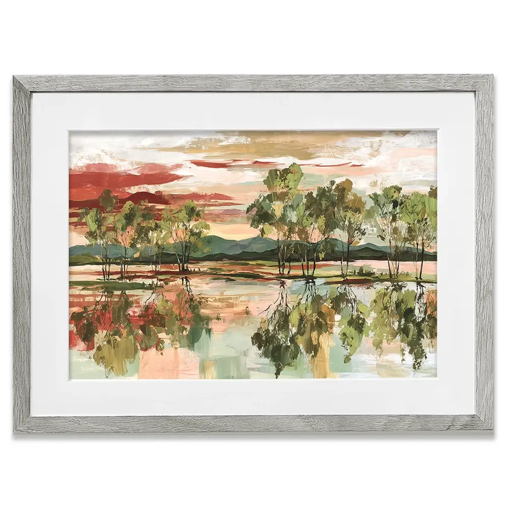 Trees Mirrored In Tranquil Waters Framed Art Print Trees Mirrored In Tranquil Waters Framed Art Print wall art product Chromatic Storm Studio