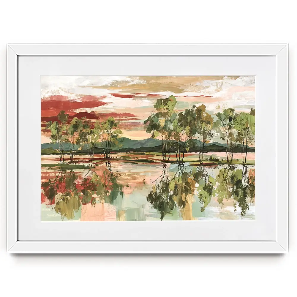 Trees Mirrored In Tranquil Waters Framed Art Print Trees Mirrored In Tranquil Waters Framed Art Print wall art product Chromatic Storm Studio