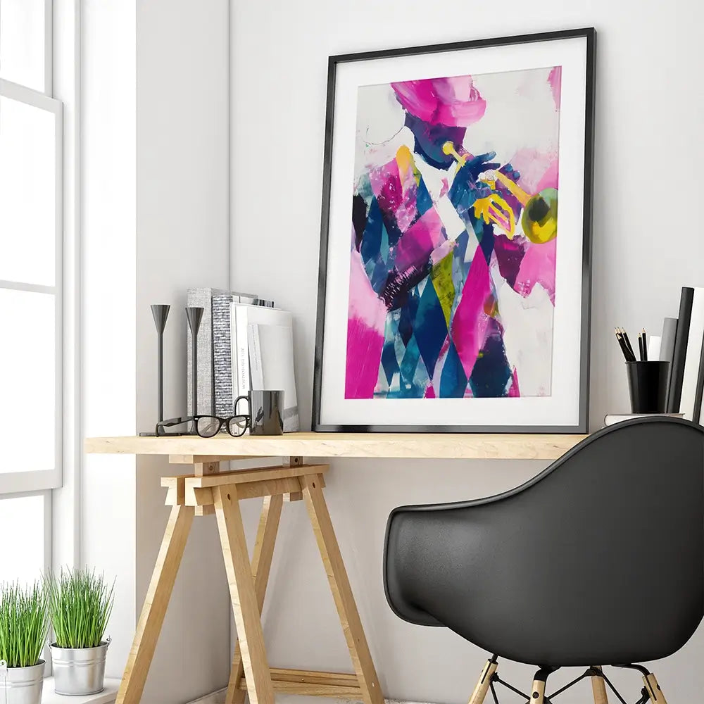 Trumpet Player In Magenta Framed Art Print Trumpet Player In Magenta Framed Art Print wall art product Chromatic Storm Studio