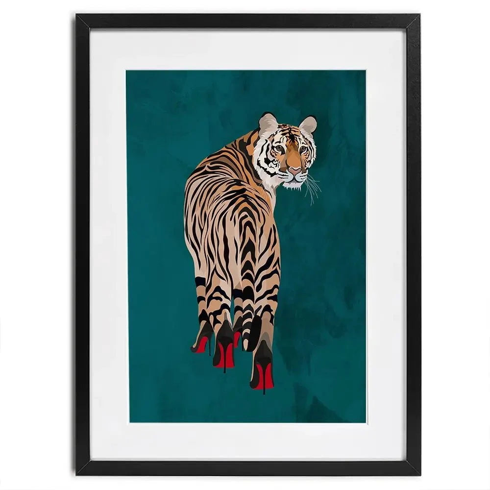 Turquoise Tiger Wearing Heels Framed Art Print Turquoise Tiger Wearing Heels Framed Art Print wall art product Sarah Manovski
