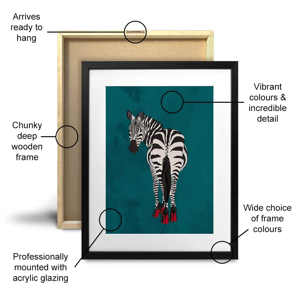 Turquoise Zebra Wearing Heels Framed Art Print Turquoise Zebra Wearing Heels Framed Art Print wall art product Sarah Manovski