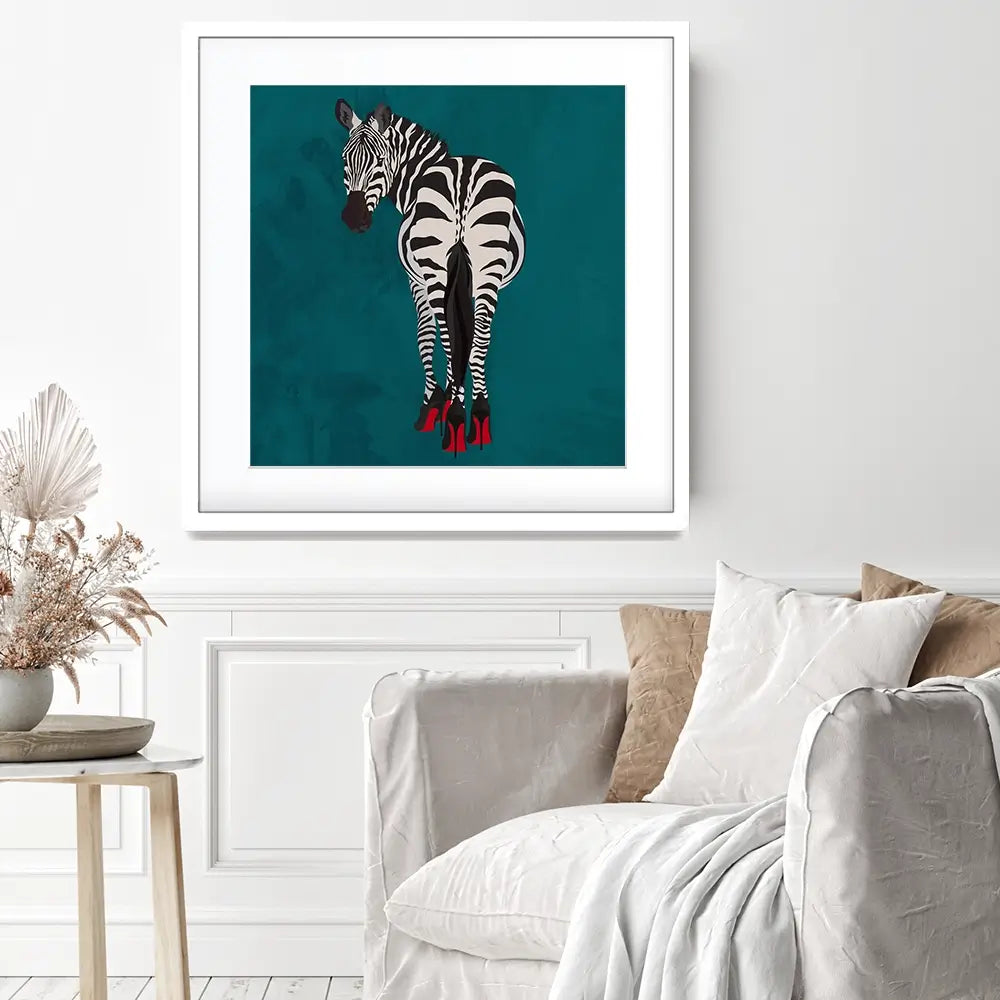 Turquoise Zebra Wearing Heels Square Framed Art Print Turquoise Zebra Wearing Heels Square Framed Art Print wall art product Sarah Manovski