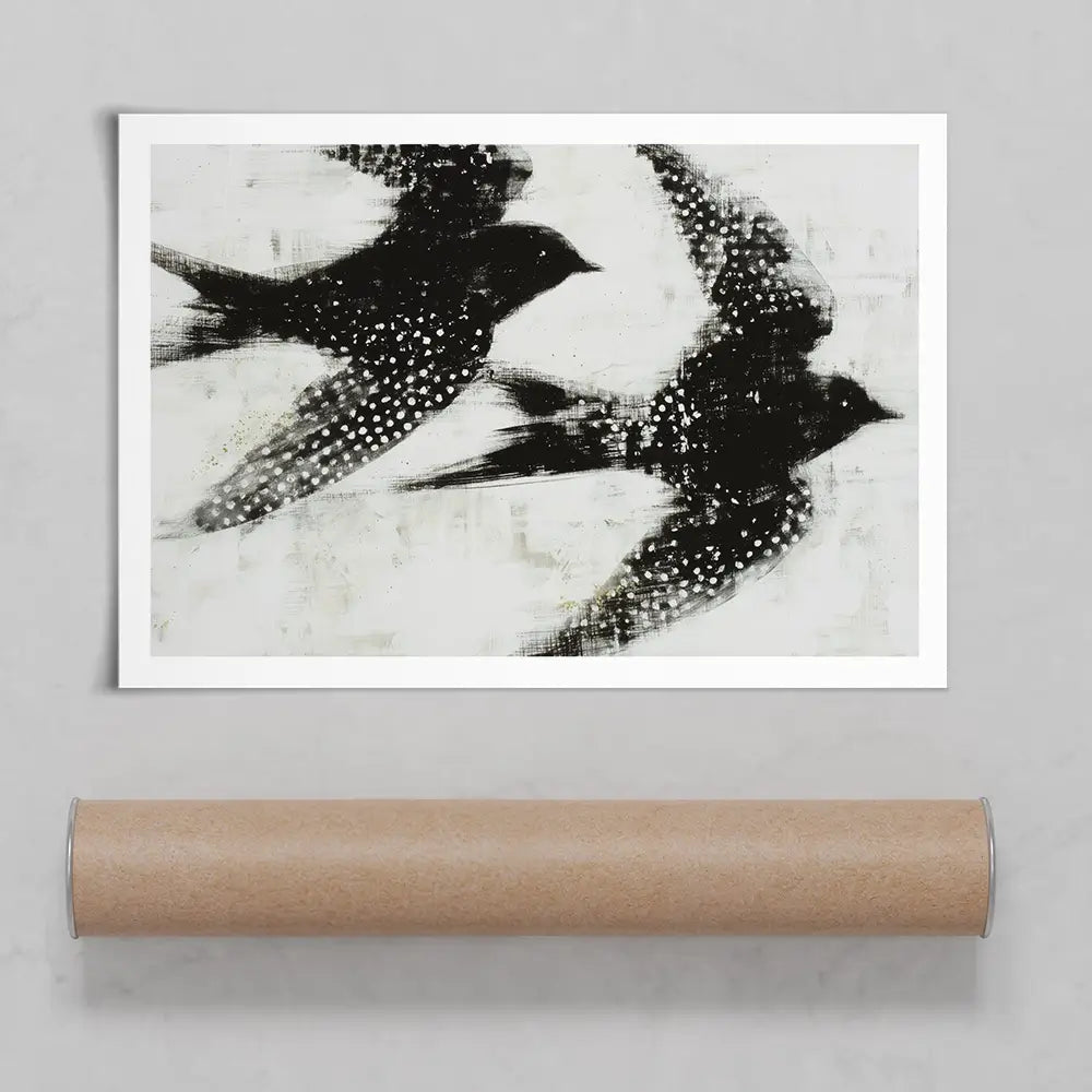 Two Songbirds In Flight Art Print Two Songbirds In Flight Art Print wall art product Chromatic Storm Studio