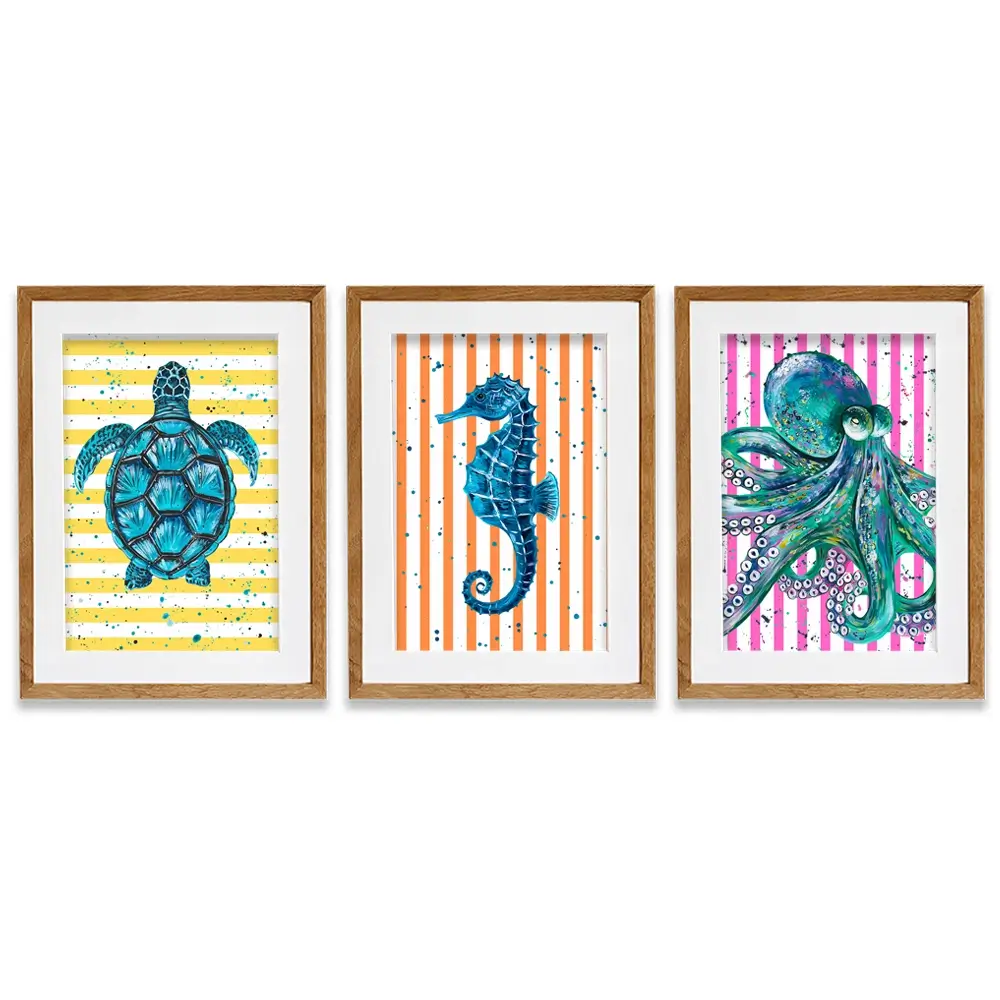 Under The Sea Striped Framed Art Print Trio Under The Sea Striped Framed Art Print Trio wall art product Emma LC Art
