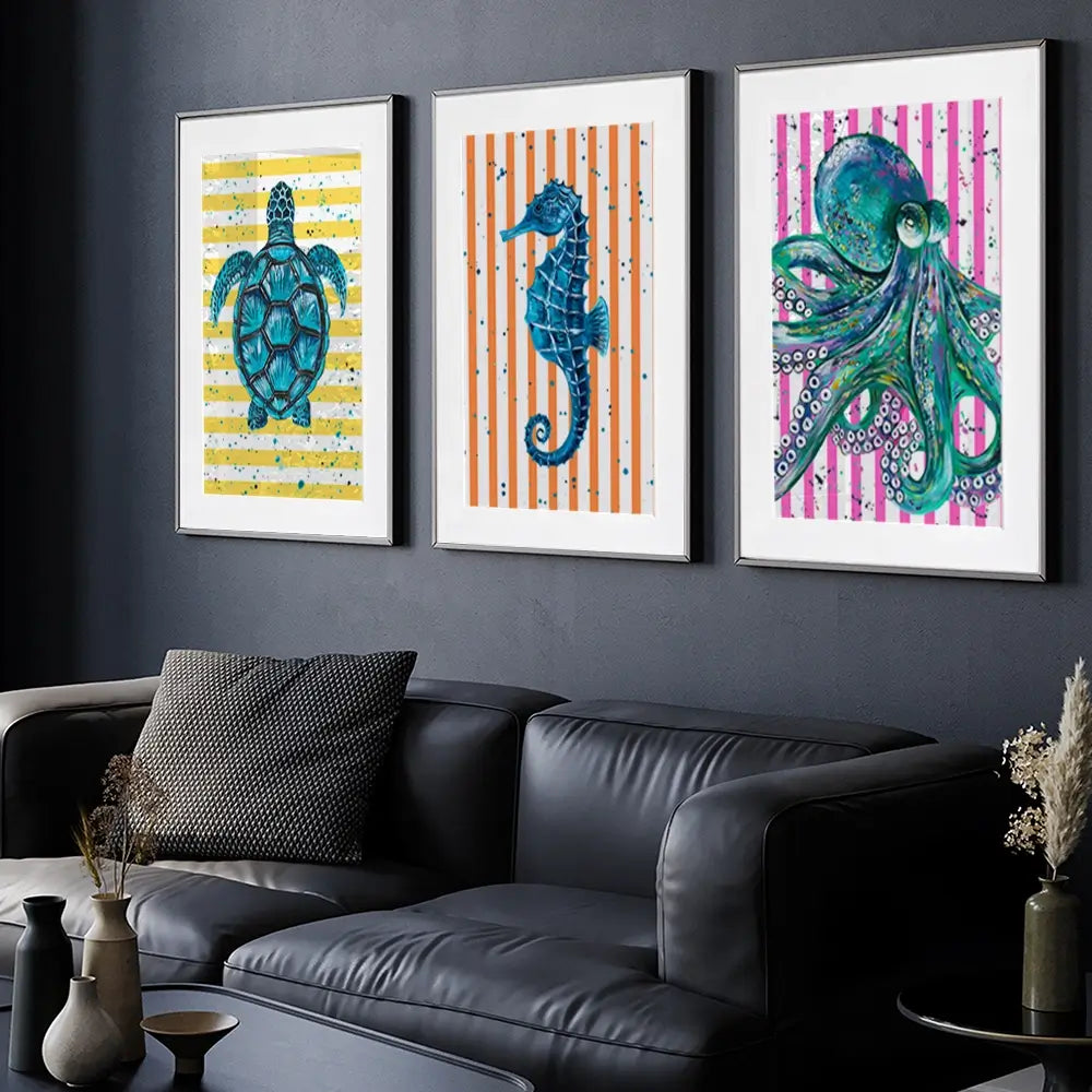 Under The Sea Striped Framed Art Print Trio Under The Sea Striped Framed Art Print Trio wall art product Emma LC Art