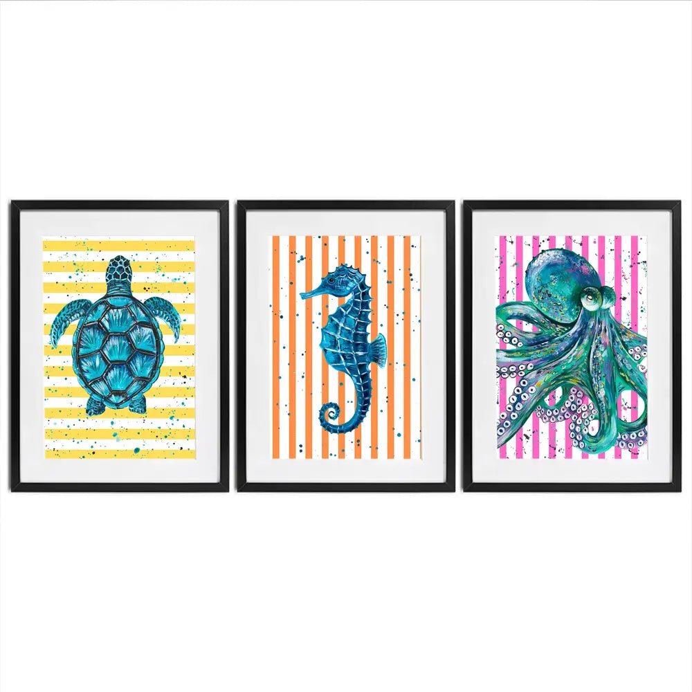 Under The Sea Striped Framed Art Print Trio Under The Sea Striped Framed Art Print Trio wall art product Emma LC Art