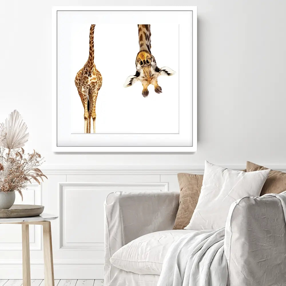 Upside Down Giraffe Square Framed Art Print Upside Down Giraffe Square Framed Art Print wall art product Sergey Novikov / Shutterstock