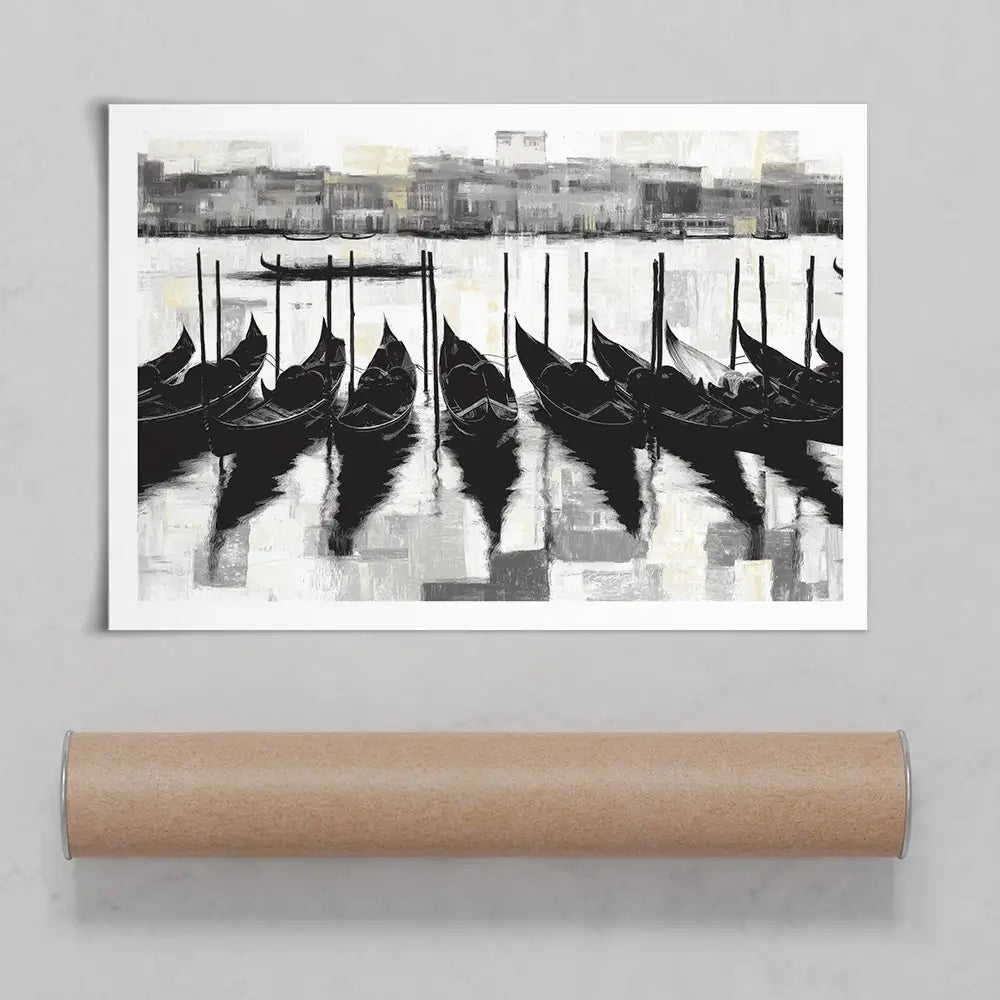Venetian Lagoon Gondolas At Dock Art Print Venetian Lagoon Gondolas At Dock Art Print wall art product Chromatic Storm Studio