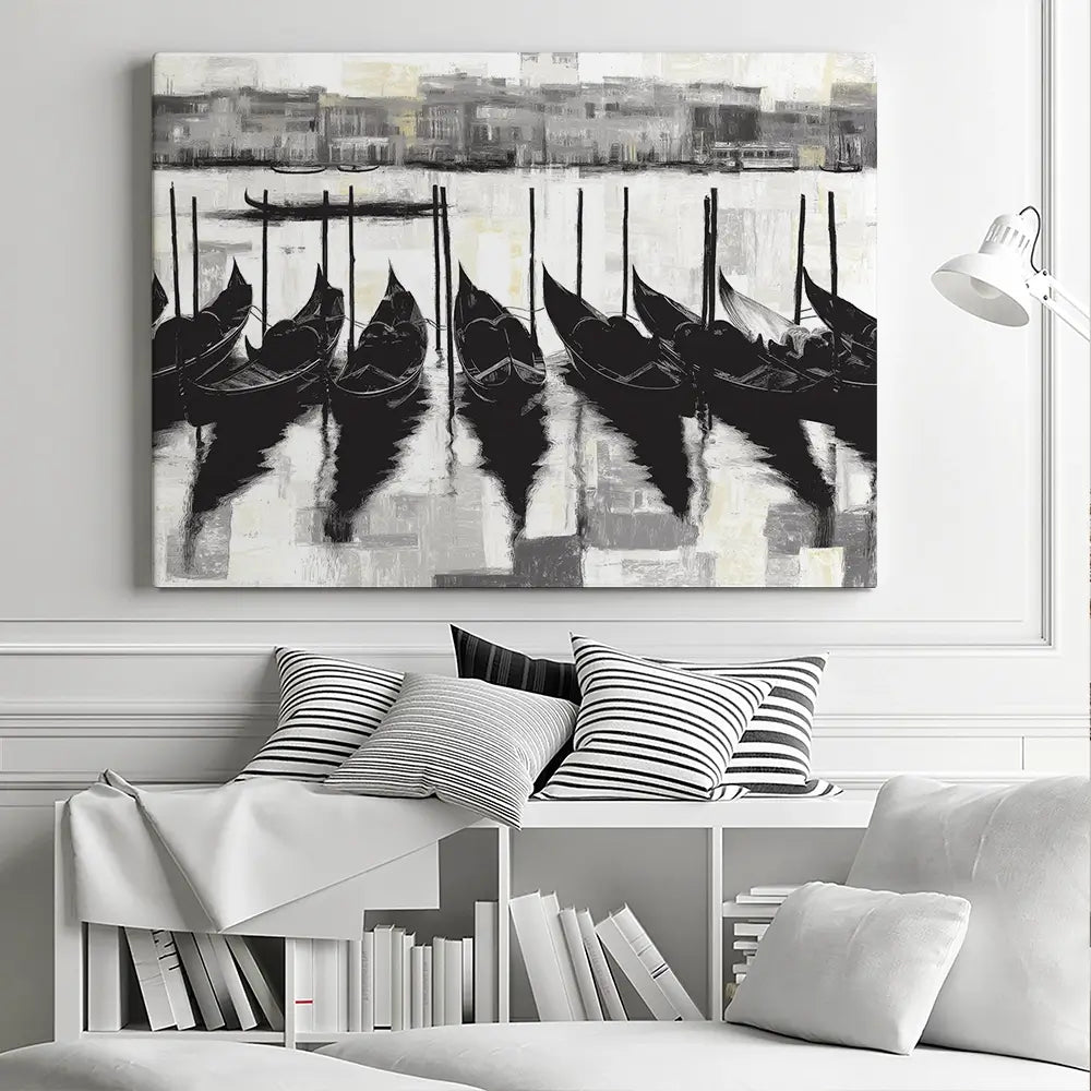 Venetian Lagoon Gondolas At Dock Canvas Print Venetian Lagoon Gondolas At Dock Canvas Print wall art product Chromatic Storm Studio